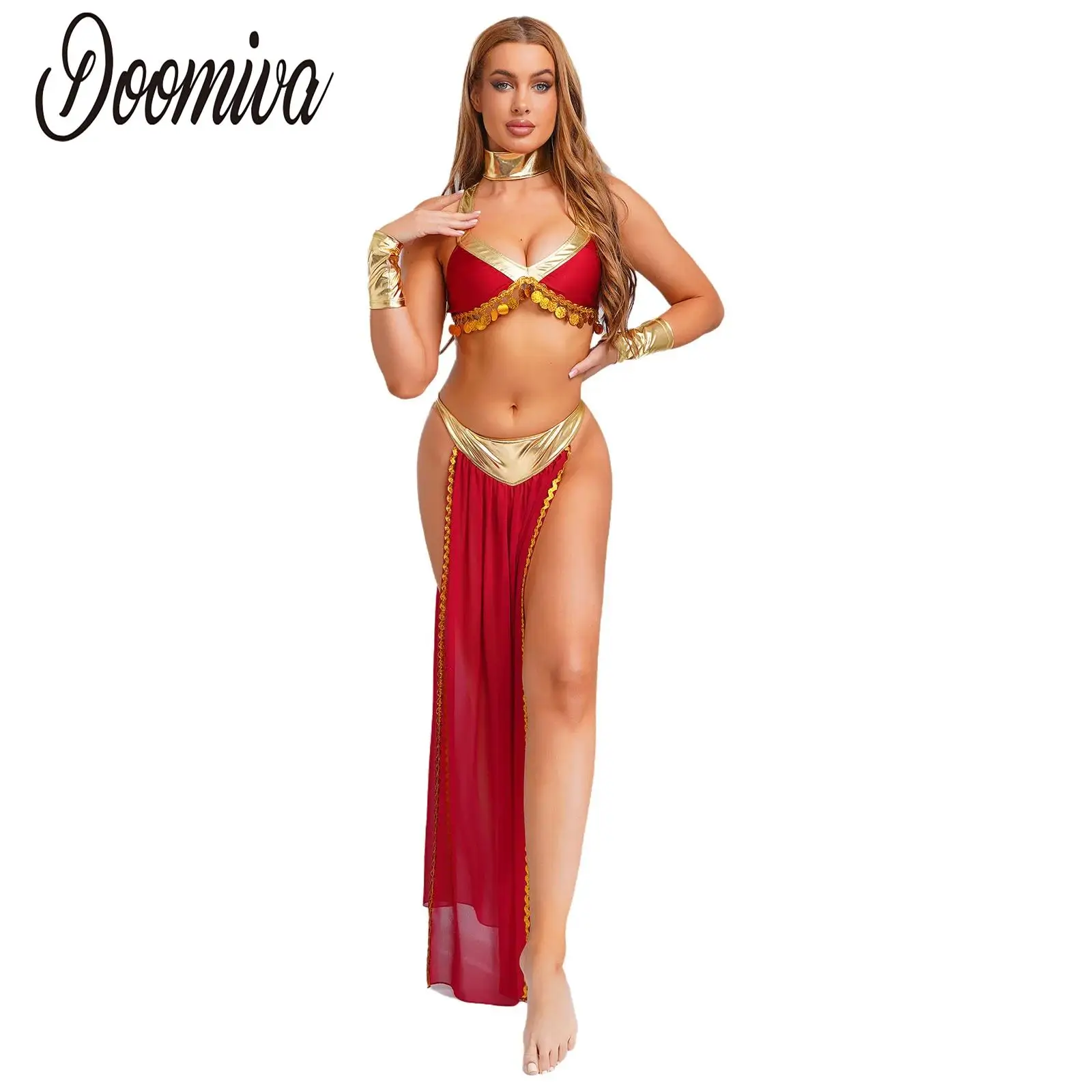 

Women Ancient Egyptian Queen Role Play Costumes Theme Party Outfit Halter Crop Top Collar Sleeves and Side Slit Chiffon Skirt