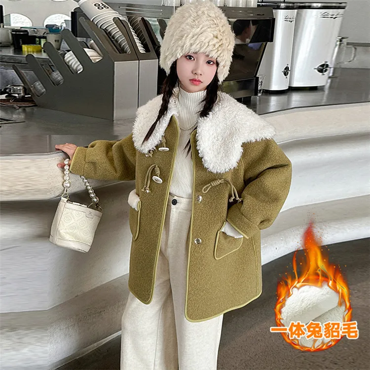 Girls Wool Coat Children 2024 New Autumn Winter Fashion Simple Casual Warm Top Wool Coat Korean Simple Style Coat Clothes