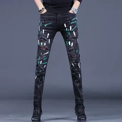 Black Ripped Patch Printed Jeans Men Autumn Casual Slim Fit Straight Pants Fashion Streetwear Stretch Denim Trousers
