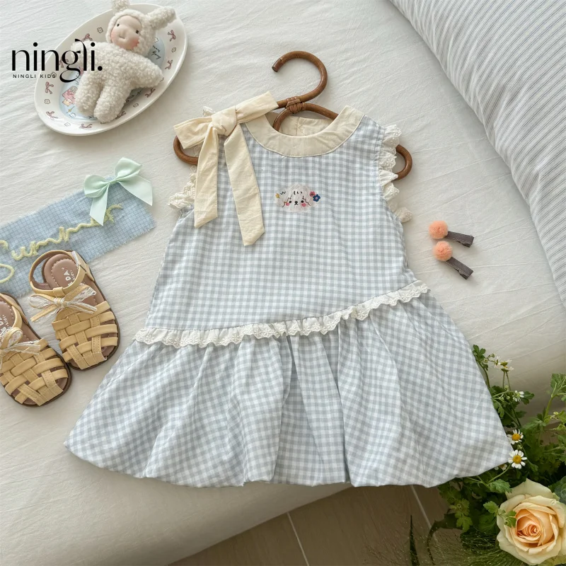 

Girls' Summer Dress Sweet Bowknot Blue Plaid Baby Cute Puff Sleeve Tank Dress Trendy Style