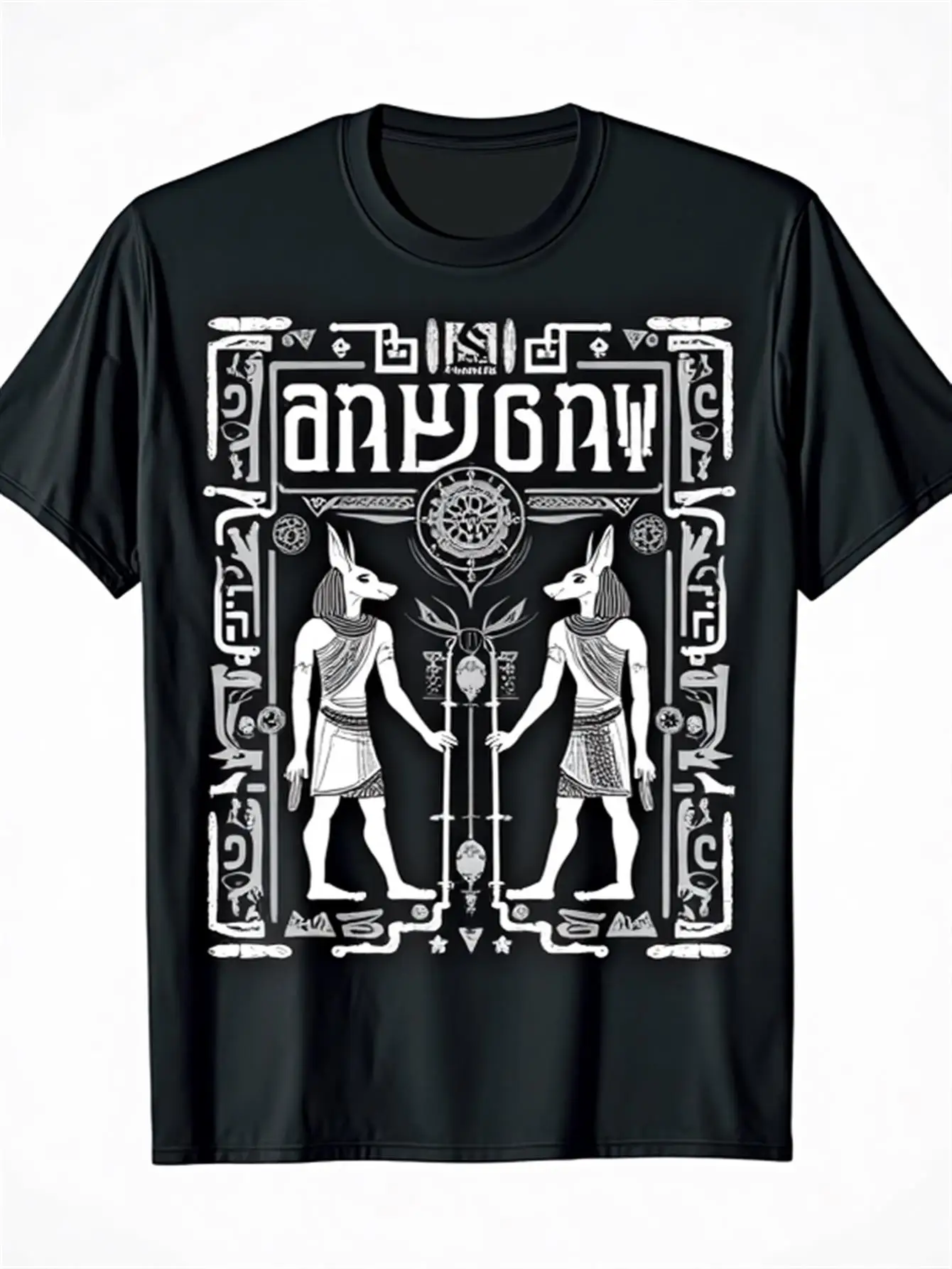 

T-Shirt 100% Pure Cotton Black and White Anubis and Scarab Print Hieroglyph Design Casual Round Neck Short Sleeve Top Suitable for Halloween Themed Parties and Everyday Wear with a Divine Touch