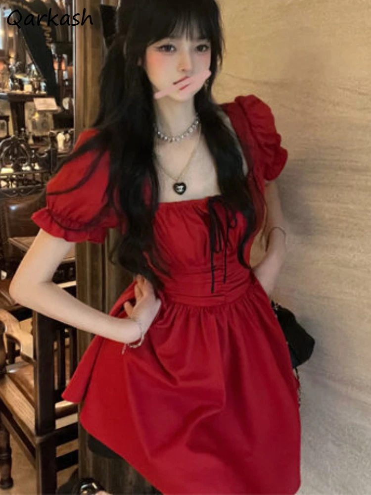 French Style Square Collar Folds Dress Women Summer Vintage Elegant Puff Sleeve Princess Aesthetics Vestidos Tender Sweet Chic