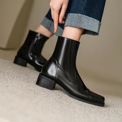 2024 Autumn Block Women Boots High Heel Square Toe Square Heel Genuine Leather Concise Short Modern Boots Fall Shoes Platform