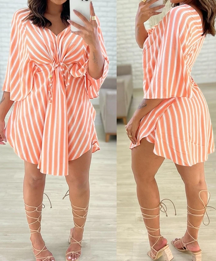 

2024 Summer Waistband Slimming Stripe jumpsuit Women's Deep V Flare Sleeve Dress