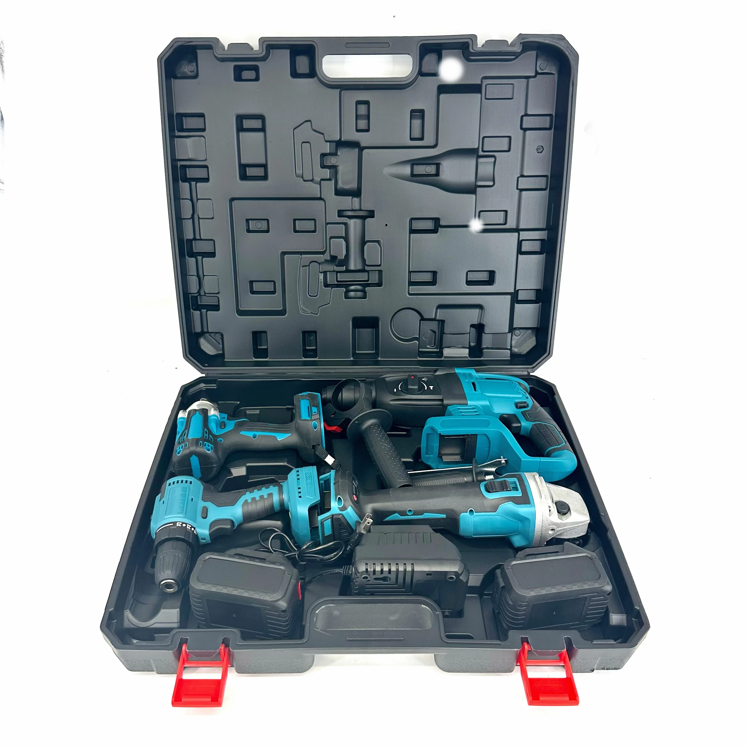 BOLIU Cordless Electric Power Took Kit 4 piece Electric Hammer, Angle grinder, drills, Wrench with Lithium Battery