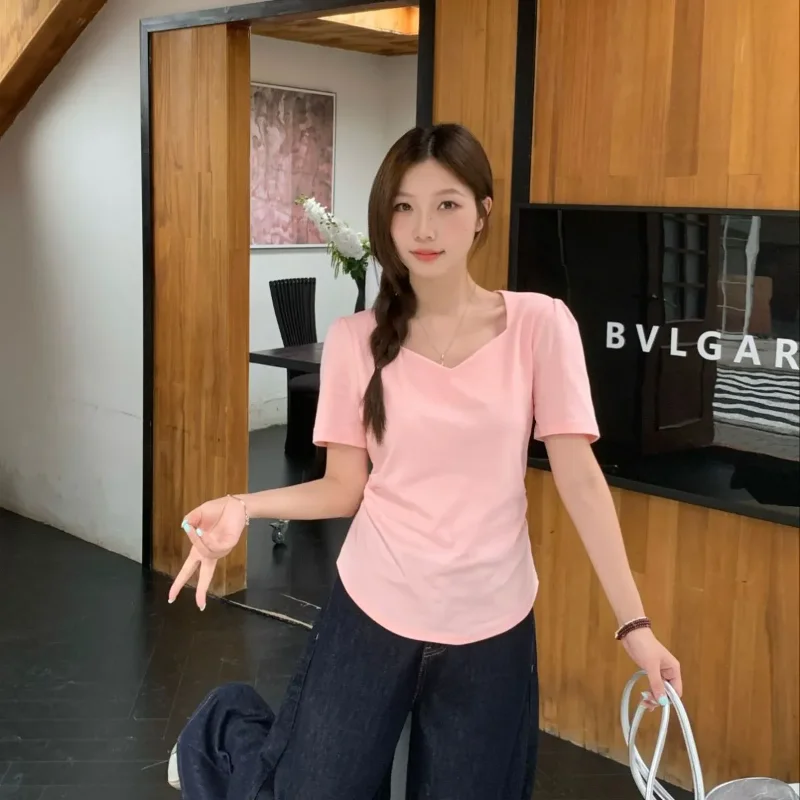 Women Heart Square Neck Puff Sleeve T Shirt Plus Size Loose Slimming Hide Belly Summer Short Sleeve Top
