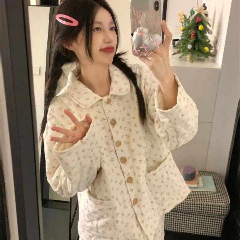 طقم بيجامة ملابس نسائية ملابس منزلية بأكمام طويلة طقم مكون من قطعتين للخريف والشتاء موضة سميكة ومريحة حلوة #4