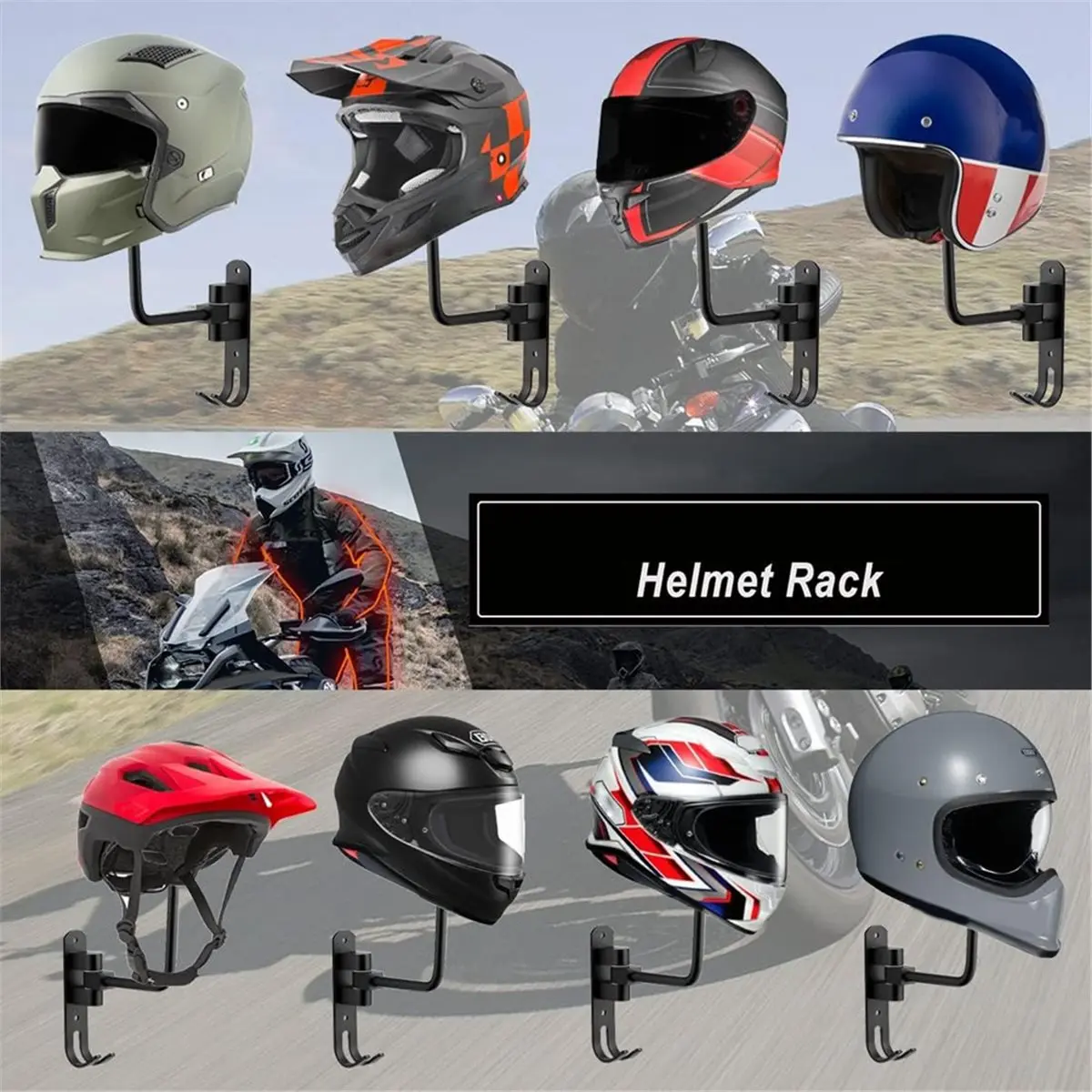 2pcs Motorcycle Helmet Rack, Rotation Metal Helmet Holder Wall Mounted Helmet Rack Motorcycle with Hooks Helmet Hanger