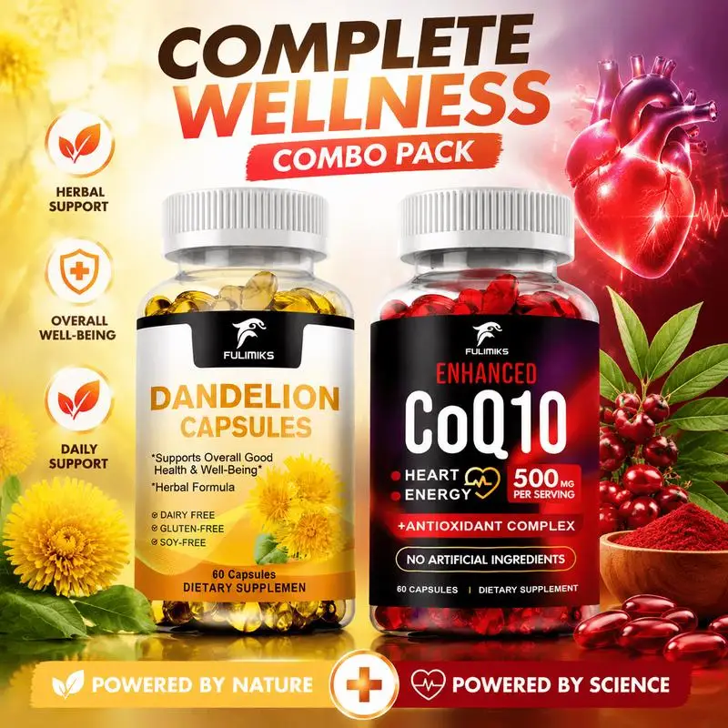 Dandelion Root + CoQ10 Supplement 1+1 Set, Herbal Extract Formula with Citrus Bergamot, Grape Seed, Turmeric, Amla, Resveratrol & Flaxseed Oil, Supports Heart Wellness, Liver, Antioxidant Care, Healthy Circulation, Daily Vitality, Packaging May Vary