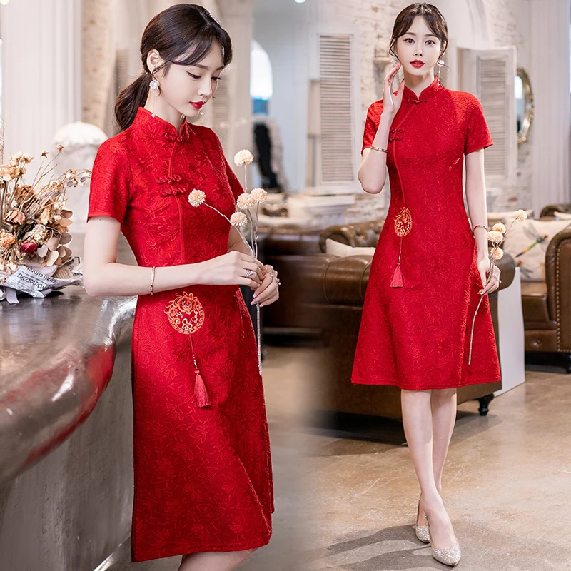 

Red Dress with Embroidery Short Sleeve Stand Collar Waist Cinched Retro Chinese Style Women's plus Size Summer Dress