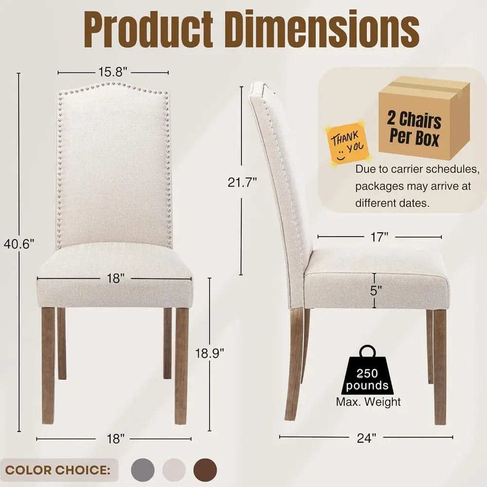 Sedie da pranzo Parsons in tessuto beige con finiture in chiodo color argento e gambe in legno, set di 6