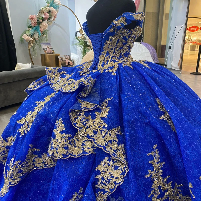 EVLAST ที่กําหนดเอง ROYAL BLUE Quinceanera Ball Gown ลูกไม้ Appliques ประดับด้วยลูกปัดหวาน 15 ปี PUFFY Vestidos De 15 Años TQD057