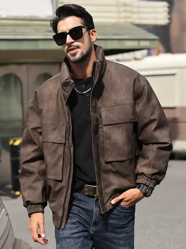 

Retro American Sle Men's down Jaet Loose Fit Stand Collar All-Match Autumn Winter Faion Outerwear Du down Filling