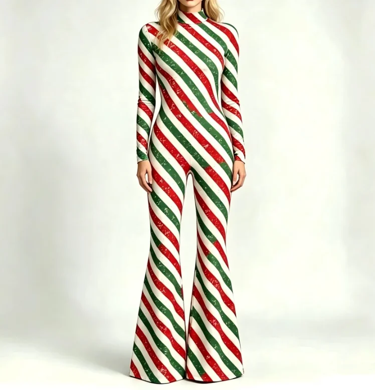 Weihnachts-Overall für Damen mit ausgestelltem Bein, Candy Cane- und Schneeflockenmuster, Glockenbein-Design, Totenkopf-Bodysuit, Halloween-Weihnachts-Clubwear, Partykostüm – Detail 6