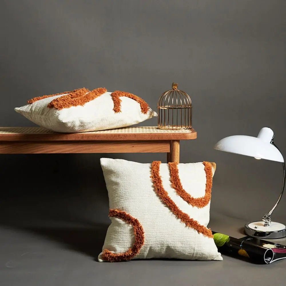

Brown Retro Throw Pillow Cover Geometric Design Tufted Texture Decorative Pillowcase Plush Material High Quality Linen