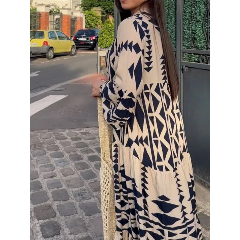 2024 abiti lunghi estivi da donna manica lunga abito con stampa Boho pieghettato moda donna Vintage Boho Beach Maxi abiti Vestidos