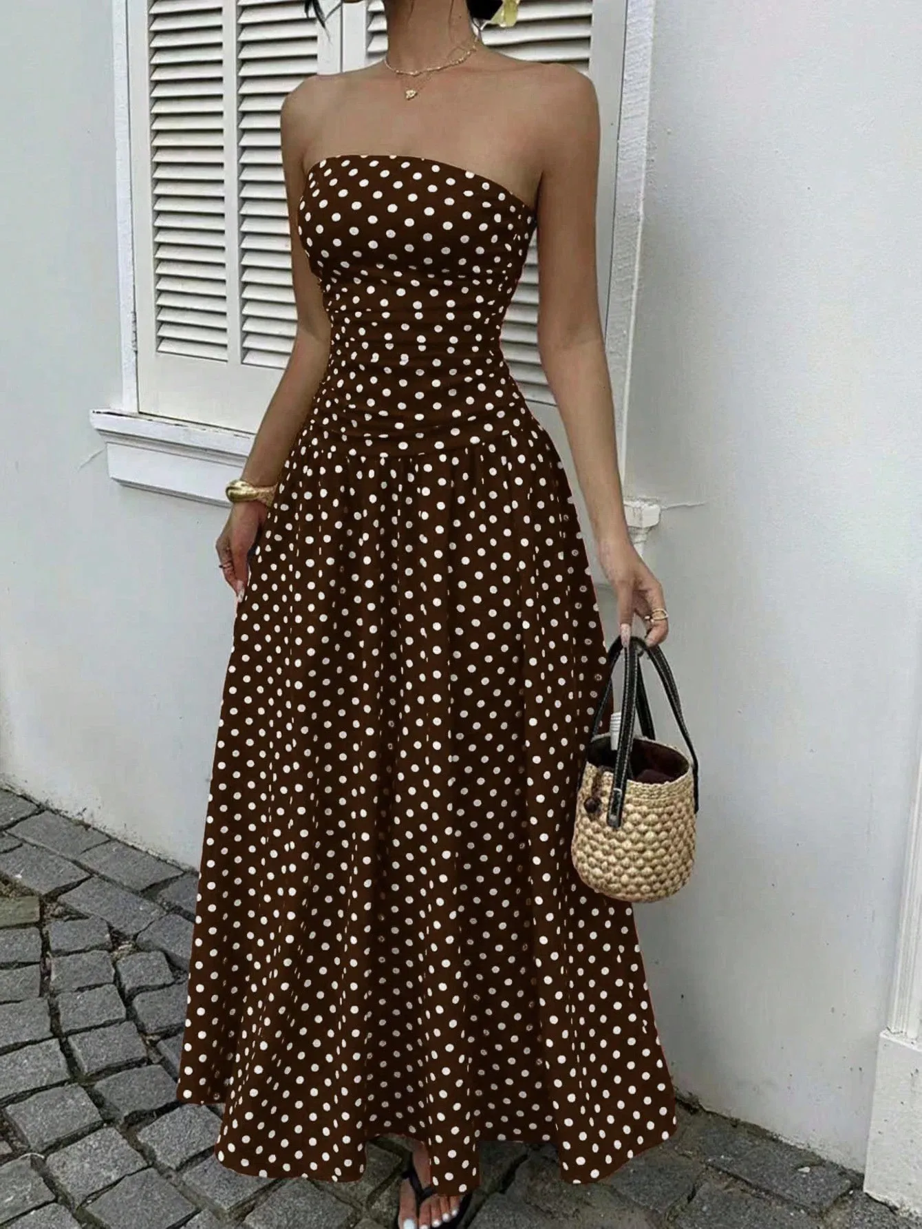 Vestido de Noche Elegante Bicolor con Hombros Descubiertos y Estampado de Puntos, Estilo A-Line, para Mujer, Ideal para la Ciudad, la Playa o Fiestas, Colección 2026
