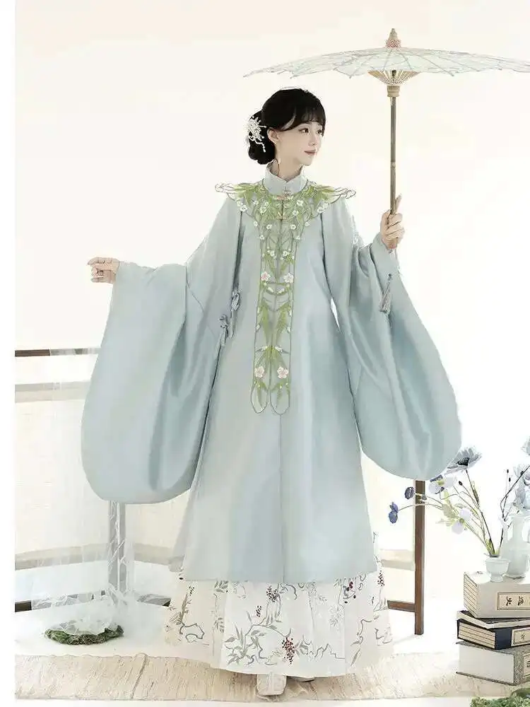 Qingyi Huashang Late Autumn Hanfu Women's Ming Dynasty Cloud Shoulders Late Ming Standing Collar Diagonal Embroidered Long Shirt