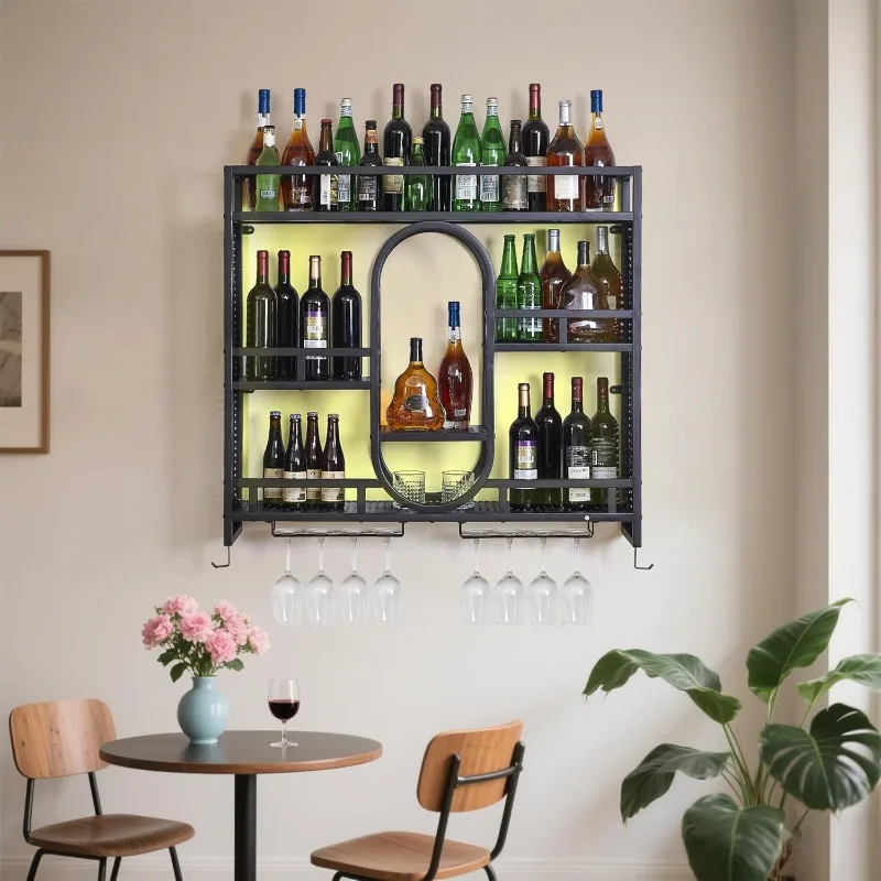 

39in Wine Rack Wall Mounted with Led Light, 3-Tiers Black Bar Shelf Wall Mounted, Liquor Bottle Display Shelf, Wall Wine Rack