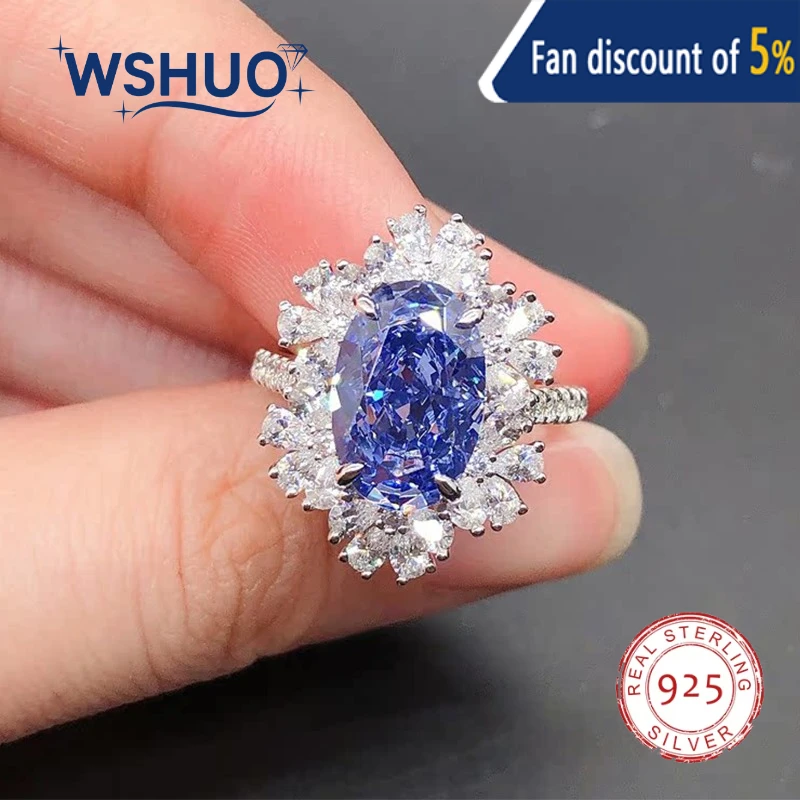 

4.5Ct Created Blue Gem Ring 925 Sterling Silver for Women Solid 12*8mm 14K White Gold Jewelry Wedding Band Engagement Sapphire