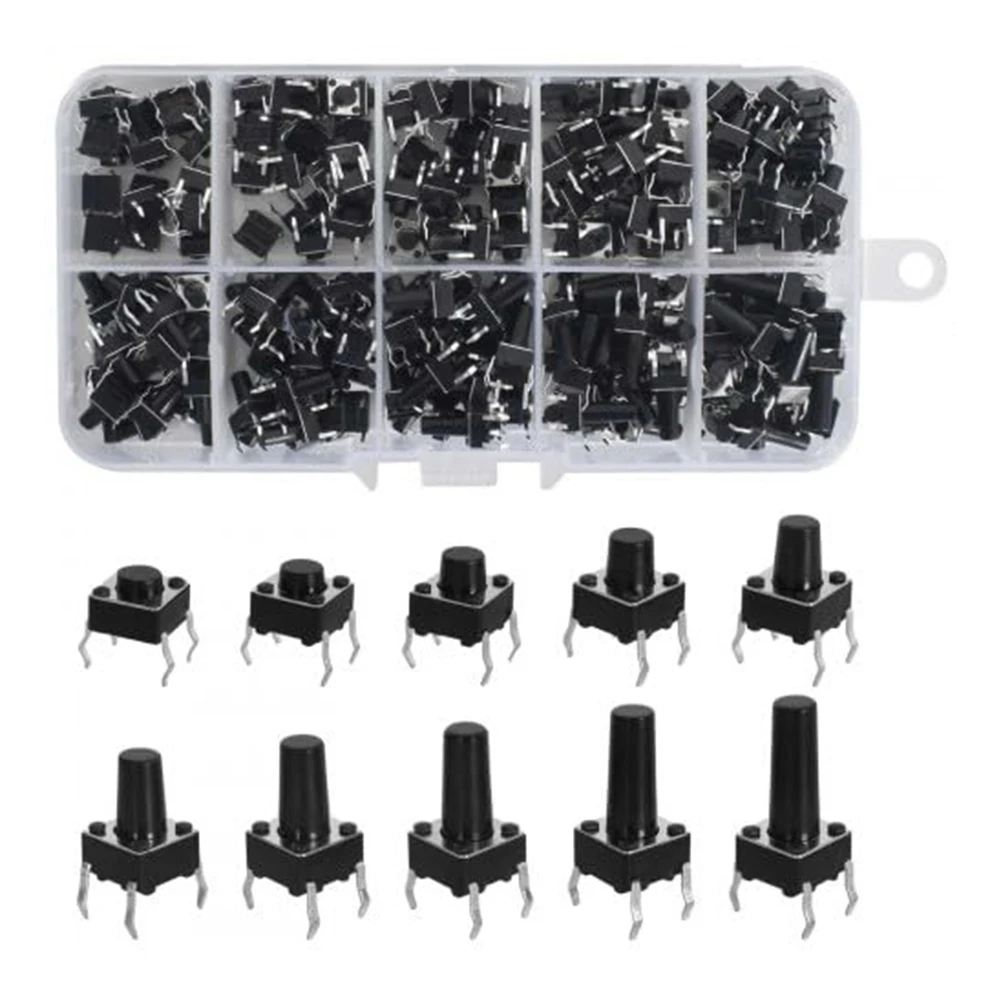 Complete Set of Miniature Tactile Push Button Switches Includes 10 Varieties and 200 Pieces for Efficient Circuit Connections