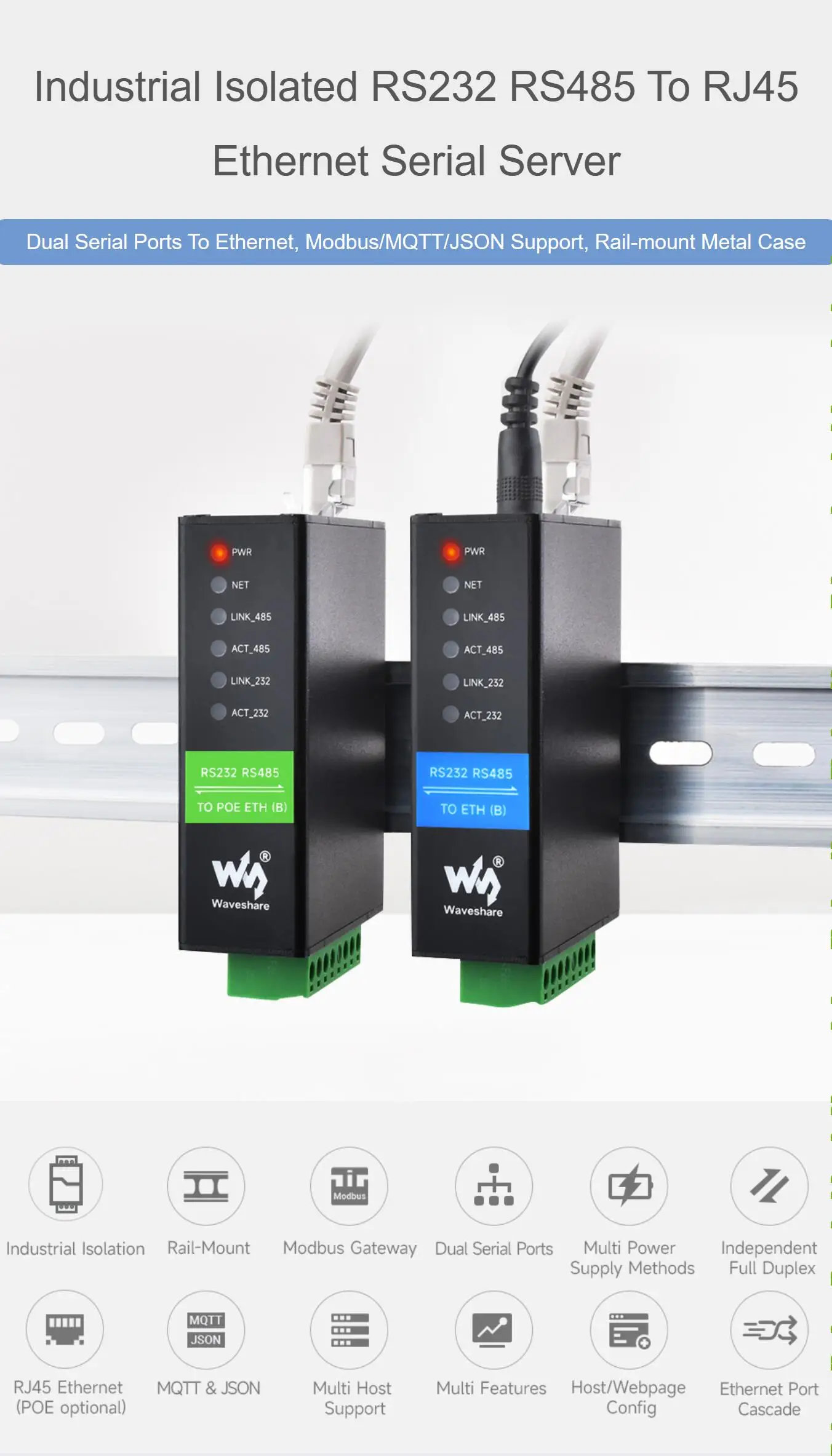 

RS232 RS485 to RJ45 Ethernet Serial Server modbus gateway RS232 RS485 Dual Channels Independent Operation, Dual Ethernet Ports