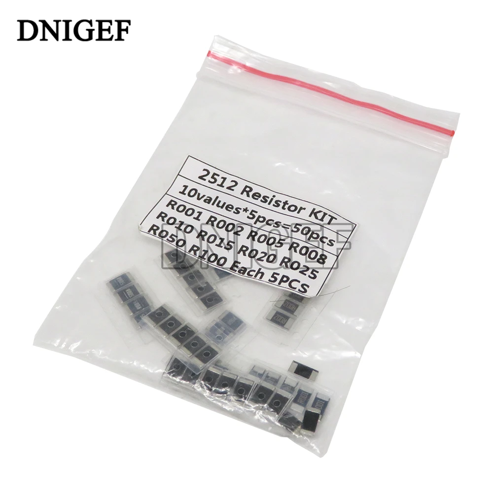 50 шт., комплект образцов резисторов 2512 SMD, сопротивление сплава, 10 видов * 5 шт. = 50 шт. R001 R002 R005 R008 R010 R015 R020 R025 R050 R100