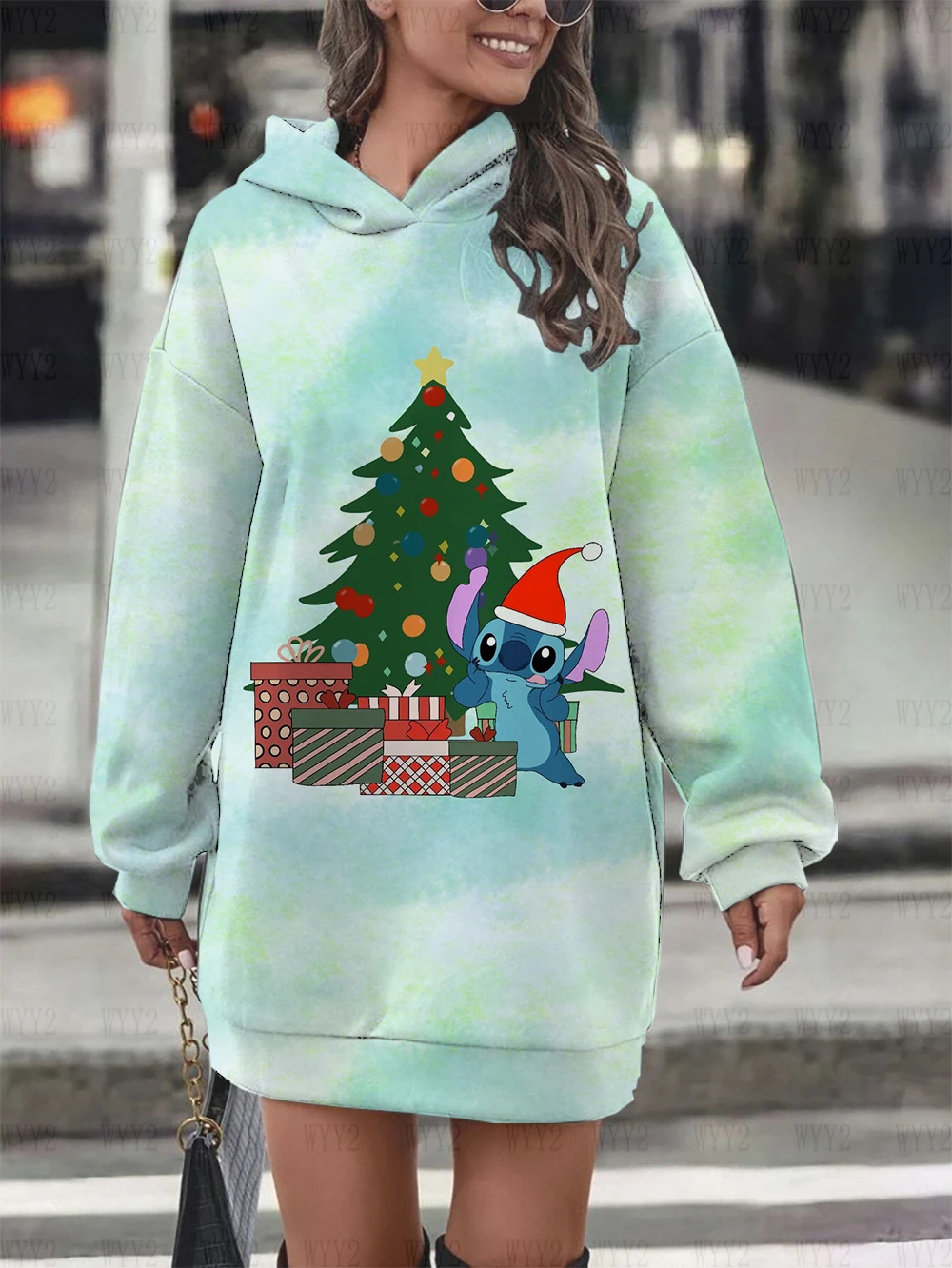 Christmas Disney Stitch print autumn and winter new women\'s hoodie dress 2024 hot sale casual chic sweatshirt dress