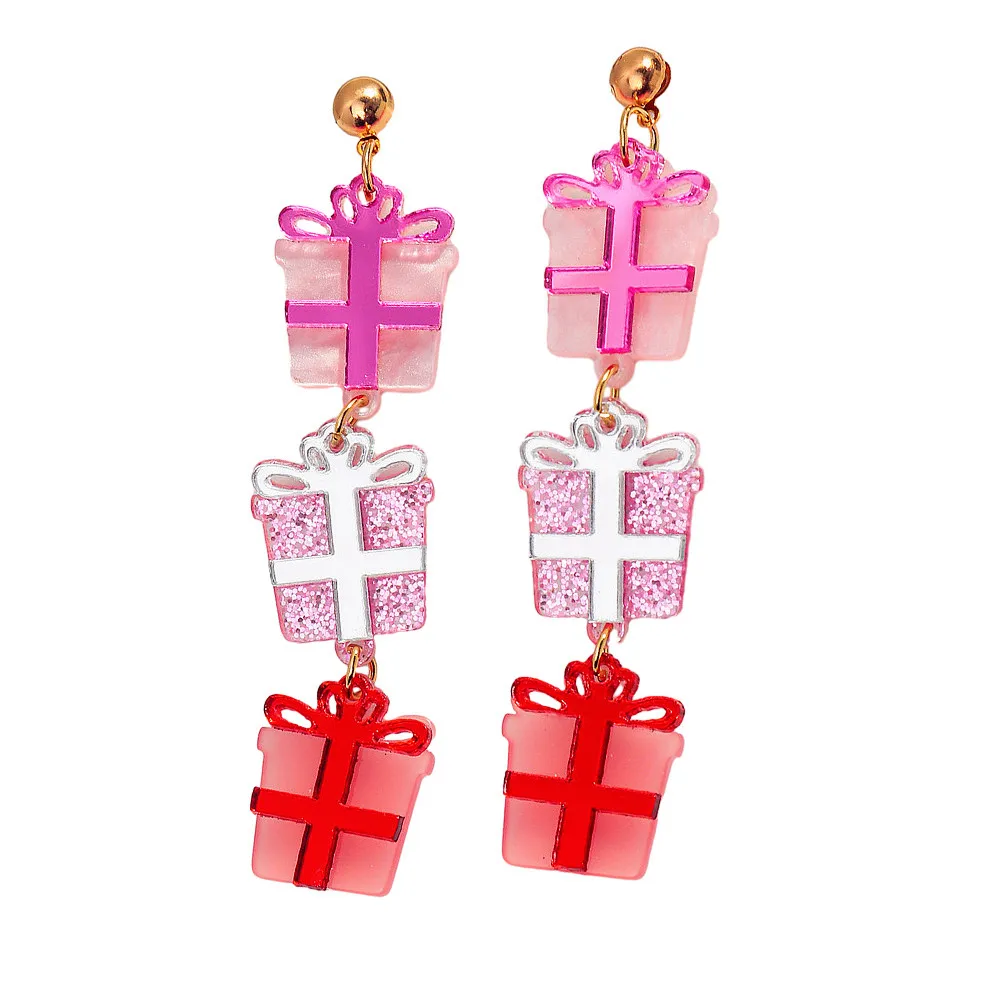 

New Pink Glitter Christmas Gift Acrylic Earrings for Women Girls Cute Sweet Mirror Bowknot Box Long Dangle Earring Party Jewelry