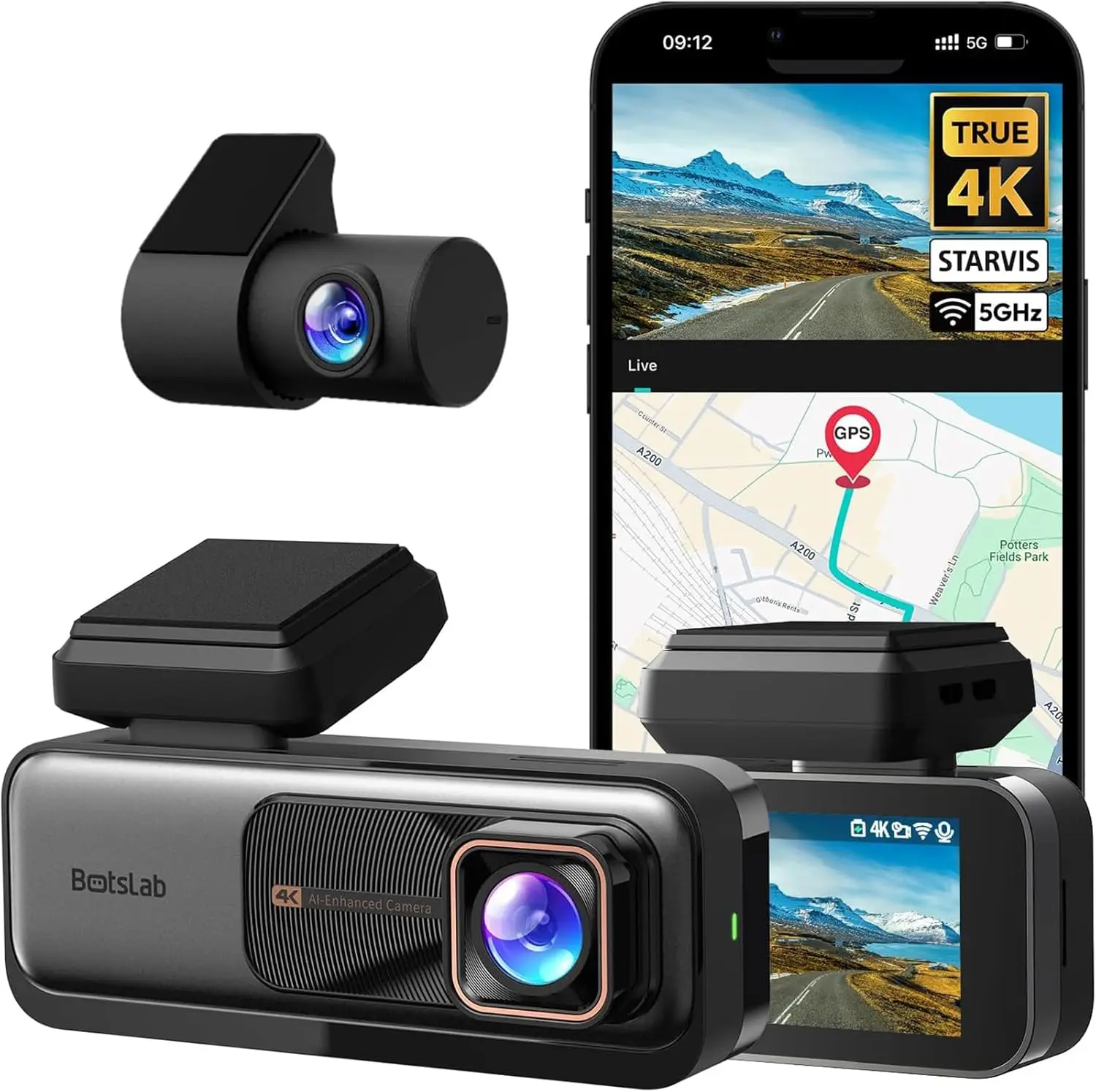 BOTSLAB 4K Dash Cam Front and Rear 170° Ultra Wide with ADAS Night Vision WDR Free 64GB SD Card WiFi GPS115