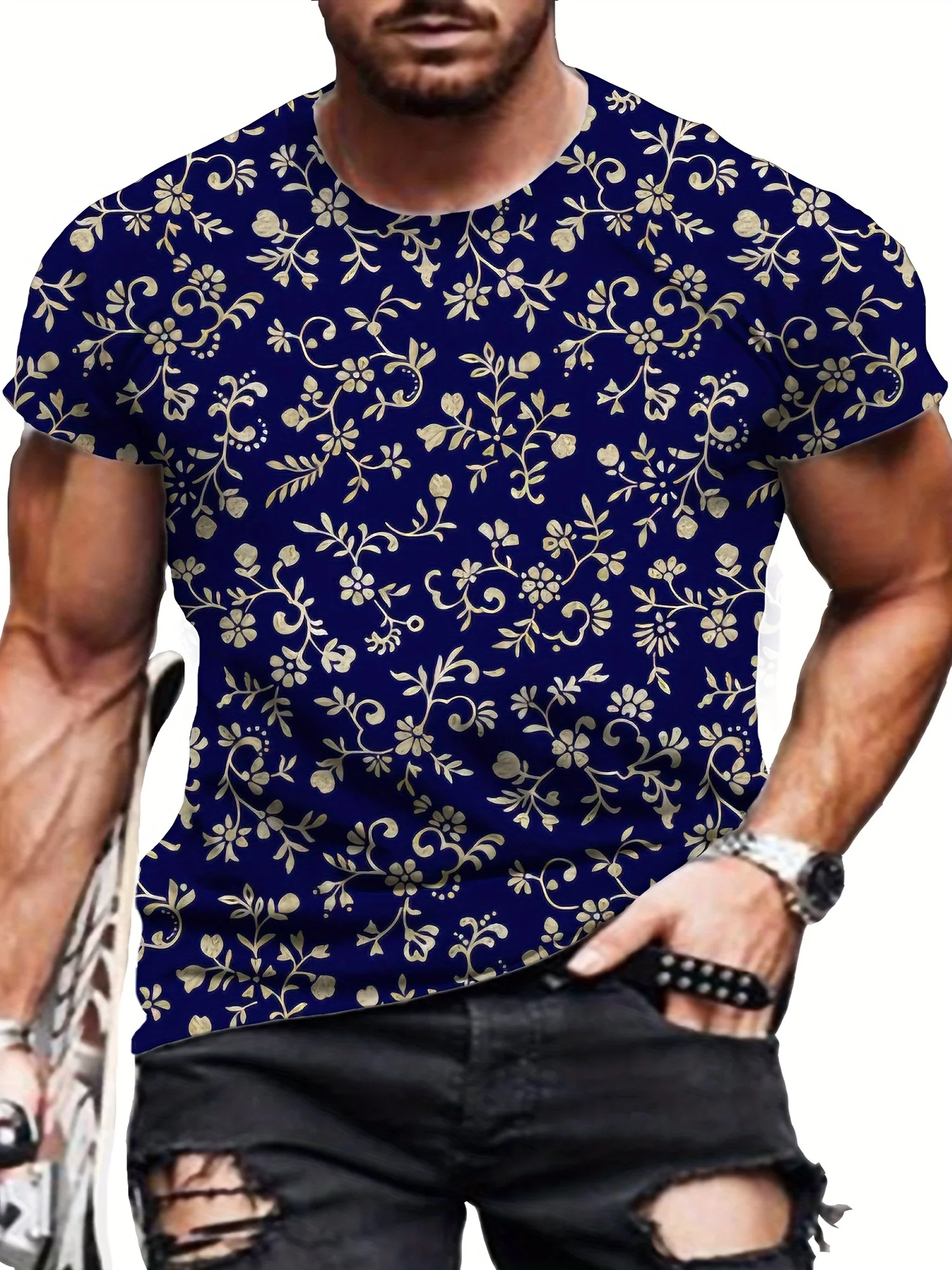 

Mens Stylish 3D retro blue Floral Print Short Sleeve Crew Neck T-Shirt - Soft Slight Stretch Polyester Fabric