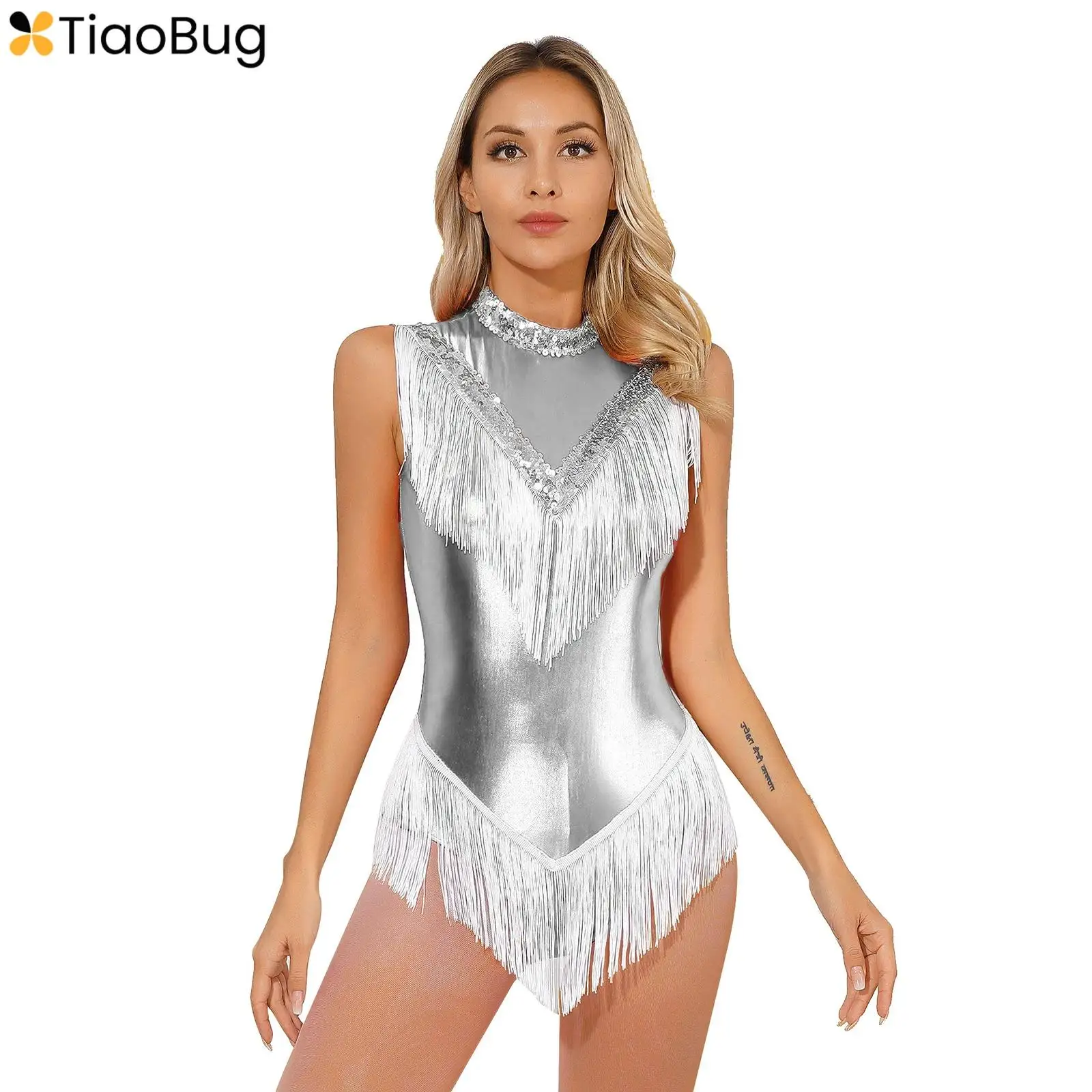 

Womens Metallic Sequins Fringed Dress Bodysuit Sleeveless Tassel Leotard for Jazz Latin Dance Ballroom Samba Party Performance