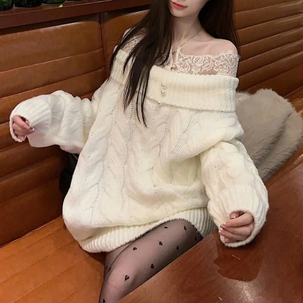 

Lace Long Sleeved Knitwear Loose Bottoming Shirt Off Shoulder Sweater Top Spring Autumn Winter Pullover Knitted Top for Women