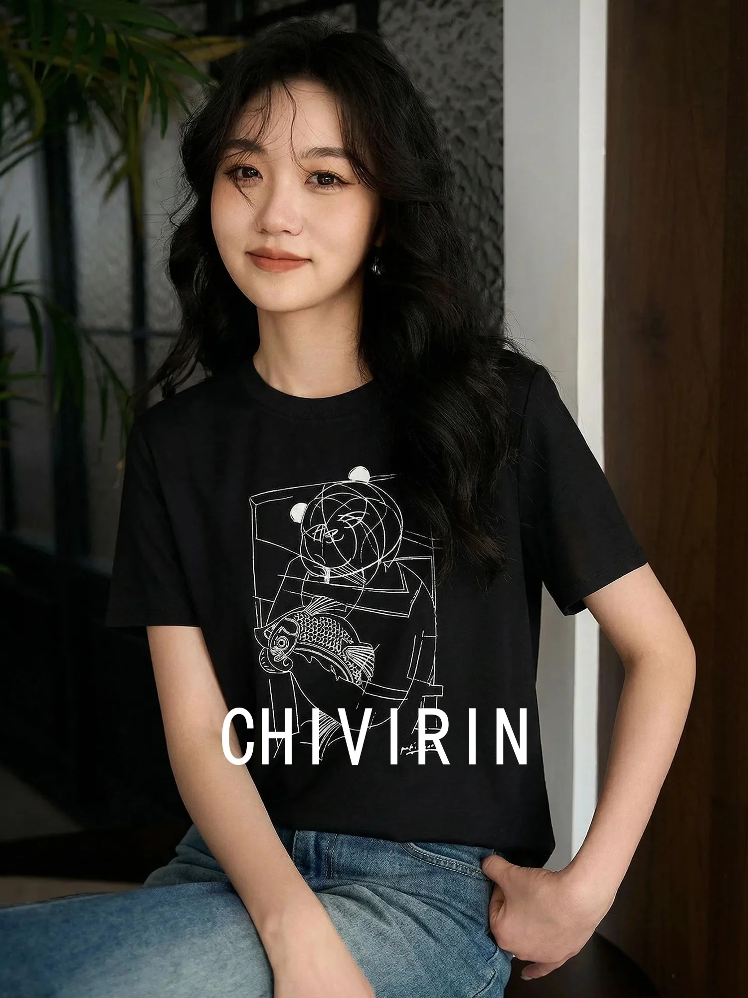 

Chivirin Casual Slim Fit round Neck Short Sleeve T-Shirt Women's Fashion Print Top Black Summer Comfortable Breathable