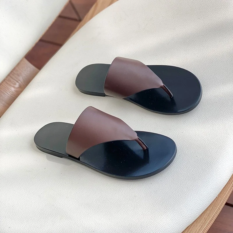 Summer Top Layer Cowhide Black Sandals Comfortable Outerwear White Flip-flops Casual Slippers for Women