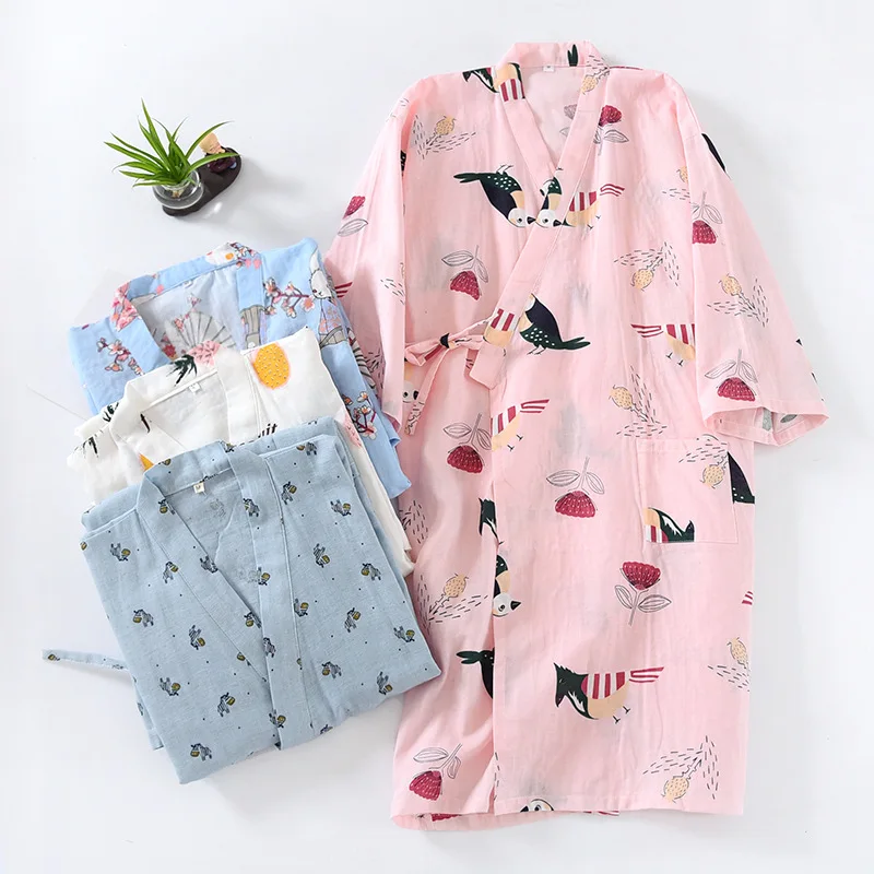 Spring Summer New Sexy Flower Fresh Kimono Robes Women Bathrobes 100% Gauze Cotton Japanese Female Casual Nightgowns Robes