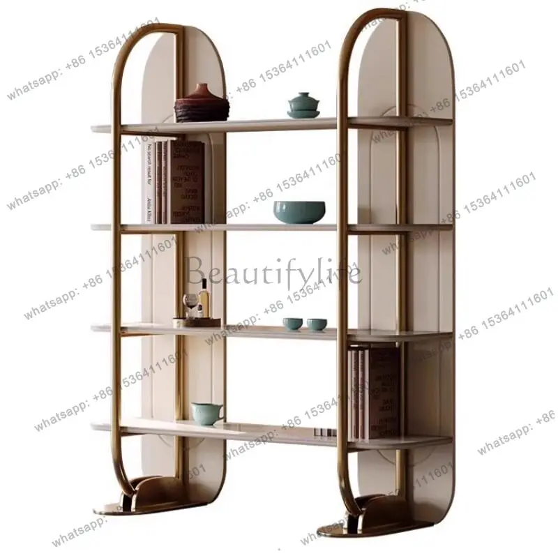 

Light luxury stainless steel bookshelf household floor storage against wall rock slab Italian style