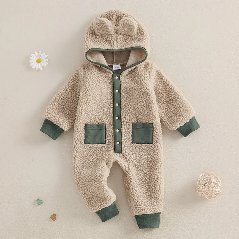 Baby Boys Girls Fleece Jumpsuits Newborn Winter Warm Long Sleeve Contrast Color Button Up Hooded Rompers for Toddlers