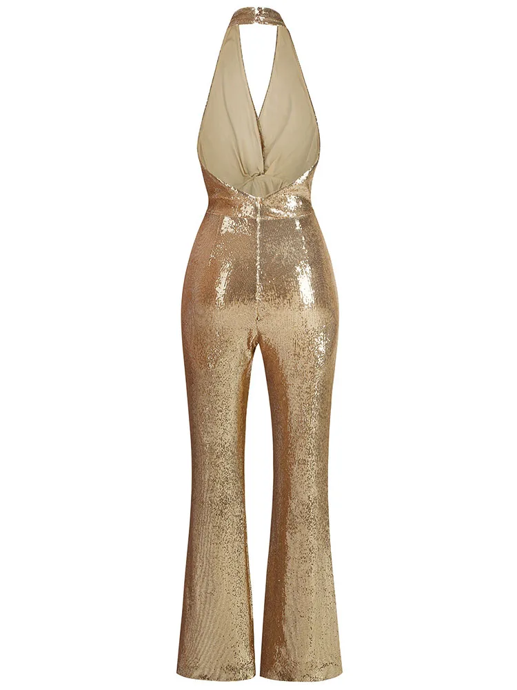 Sexy Women Sleeveless Gold V Neck Backless Sequins Jumpsuit Sequined High Waist Wide Leg Pants Bodycon Celebrity Party Rompers