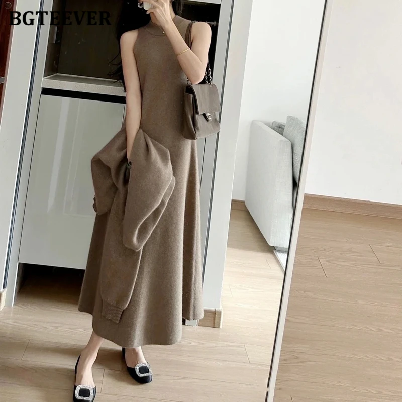 BGTEEVER Elegant Slim Ladies 2 Pieces Knitted Dress Set V-neck Long Sleeve Sweaters Women Sleeveless A-line Dress Autumn Winter