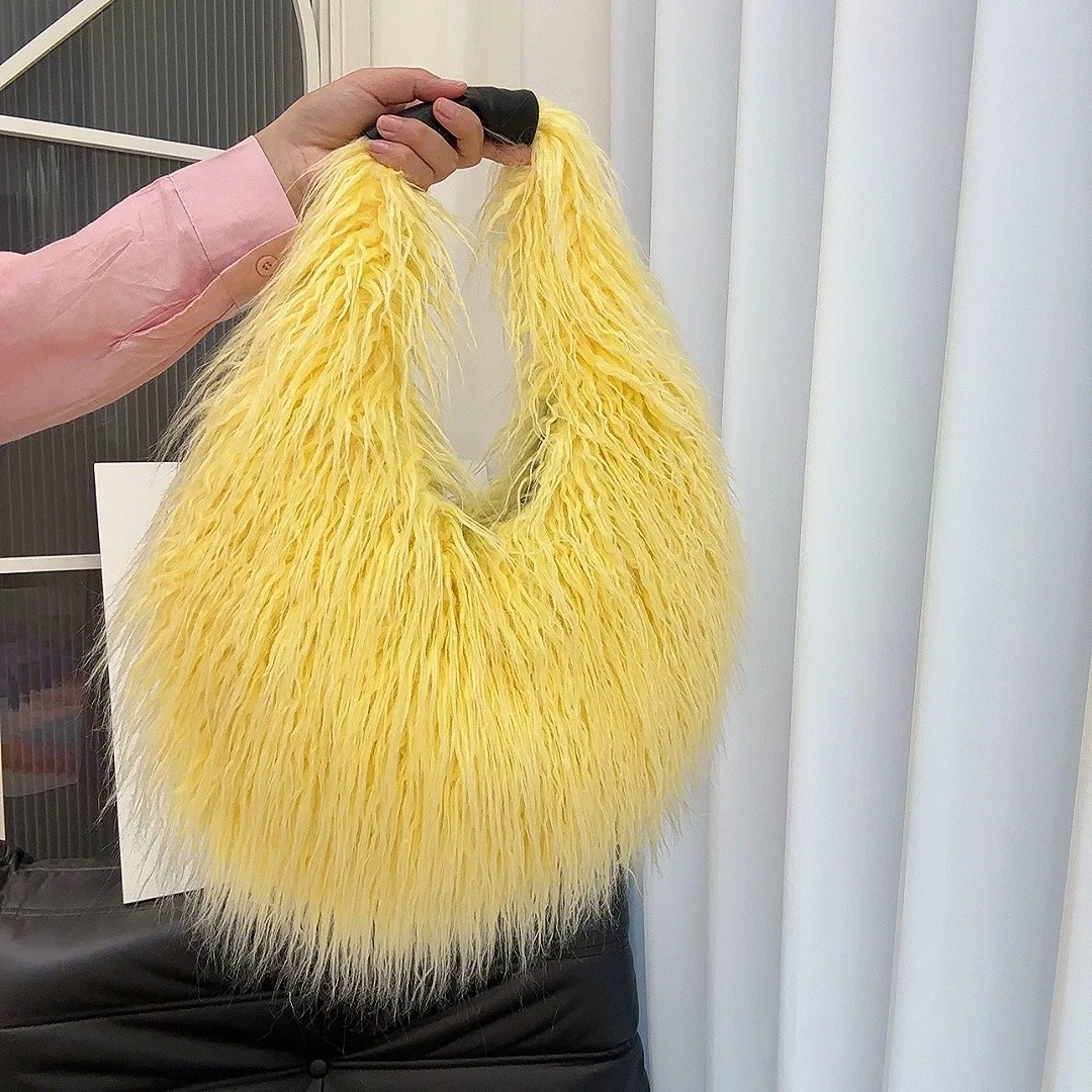 

Faux Fur Shoulder Bag for Women Y2k Punk Girl Fluffy Long Plush Tote Handbags Large Capacity Soft Warm Bag Bolsa Feminina