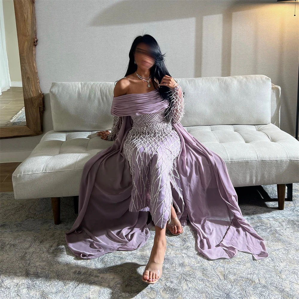 Sexy Off-the-shoulder Strapless Mermaid Prom Gowns Pleated Corset Sparkly Long Sleeves Evening Gowns Tea-length Formal Ball Gown