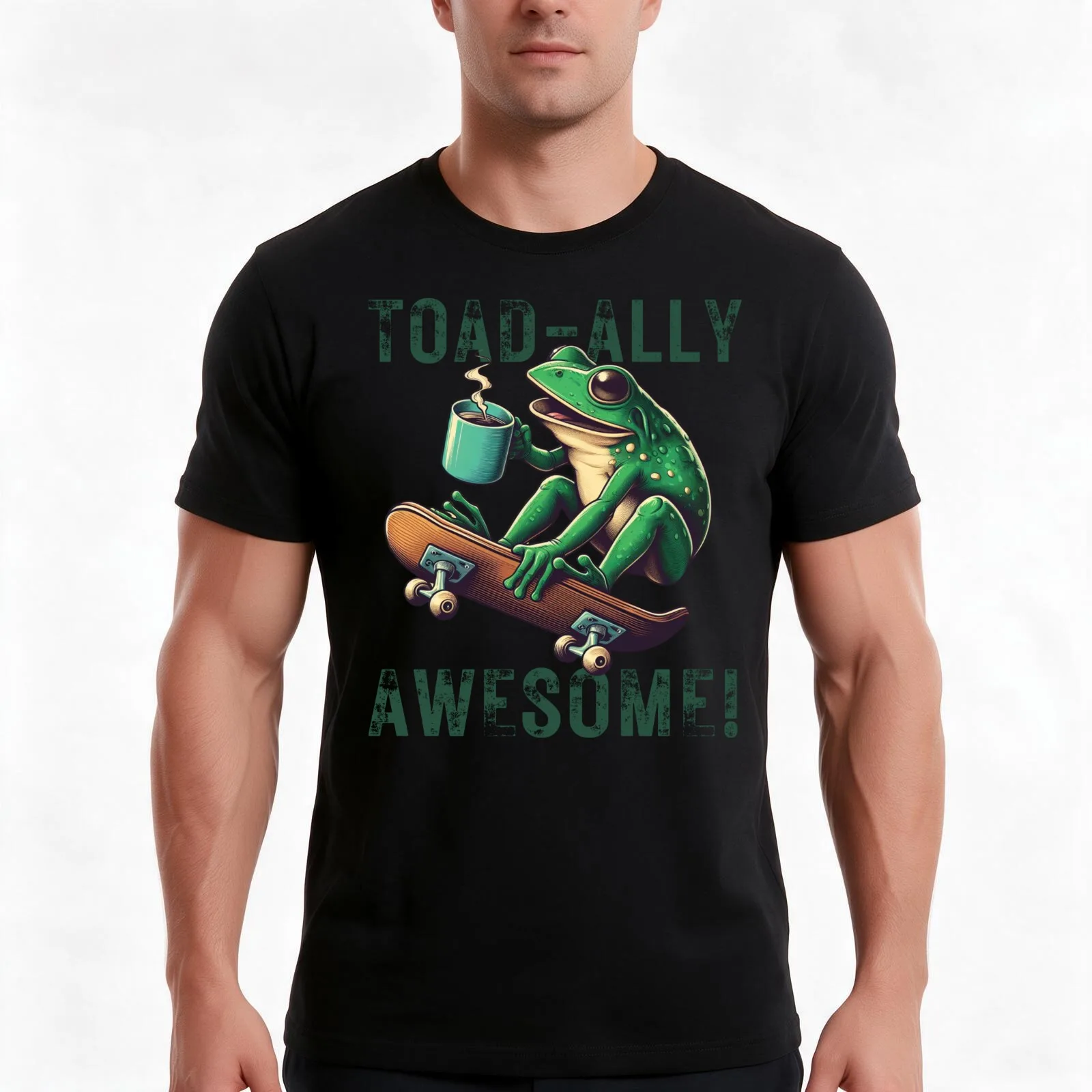 Toad-ally Awesome! Frog on Skateboard T-Shirt, Summer Casual Cotton Tee, Oversized Streetwear Tops, Vintage Graphic Print