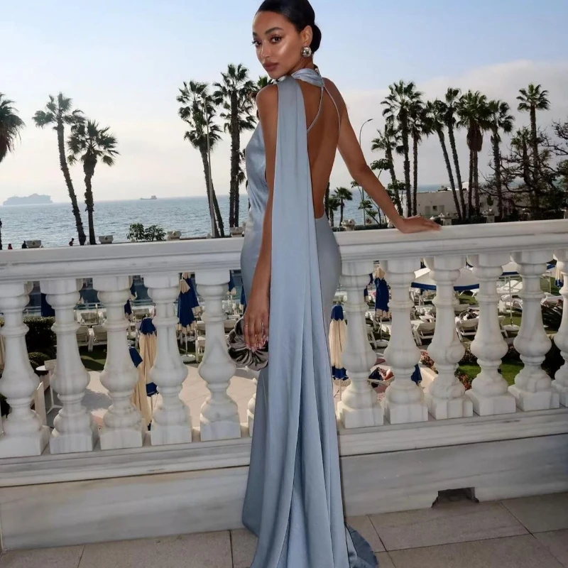 Satin Ribbon Halter Long Dresses Women's Backless Casual Maxi Dress Evening Wedding Guest White Blue Green Summer Graduation New
