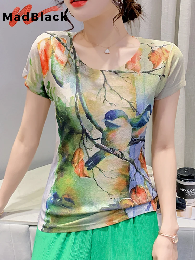 MadBlack Summer European Clothes T-Shirt Fashion Print Bird Elegant Women Tops Short Sleeve Street Casual Tees New Hot T26404L