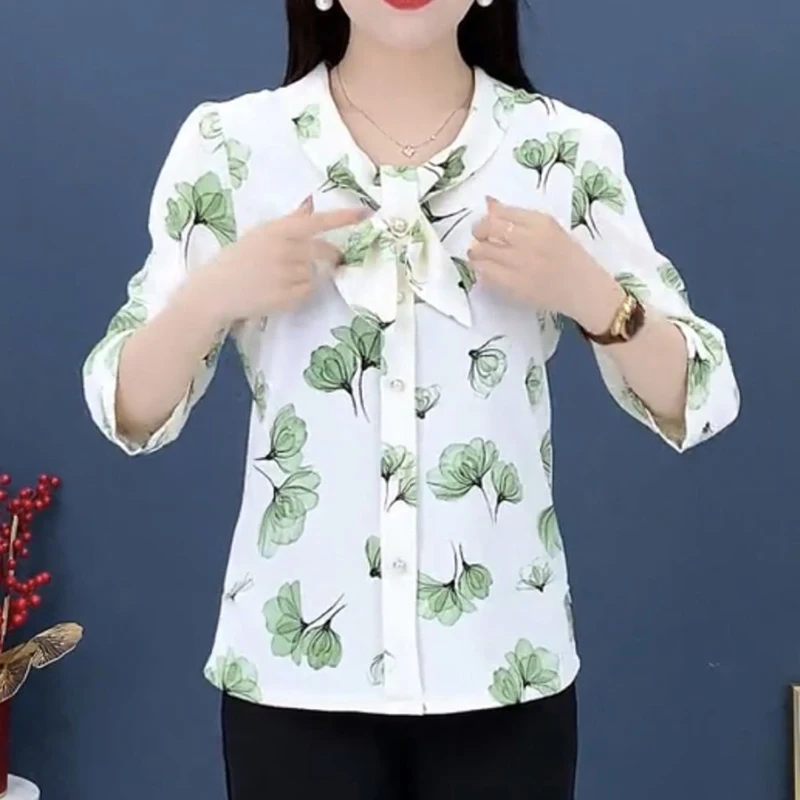 2023 Women Bow Floral Print Elegant Blouses Summer Casual 3/4 Sleeve with Button Shirts Loose Chiffon Tops Blusa Mujer Moda 2023