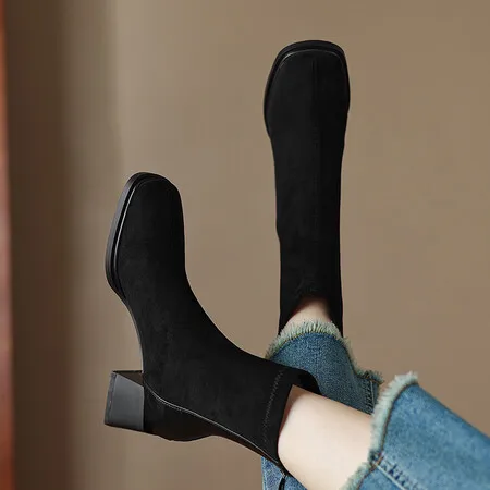 Fashion Thick Heel Short Boots 2024 Winter New Square Headed Suede Short Boots Women Plush Warm High Heels Boots