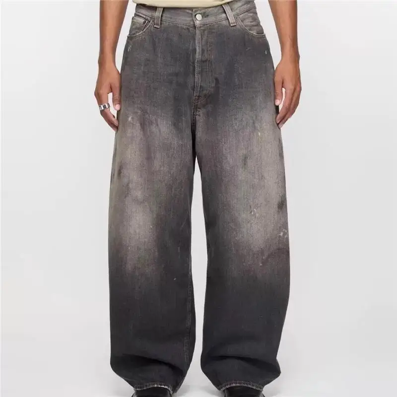 Washed out Wide Leg Jeans Black Tea Color Splashed Ink Style Ceiling Theme 2025 Spring Men's Casual Straight Tube Jeans