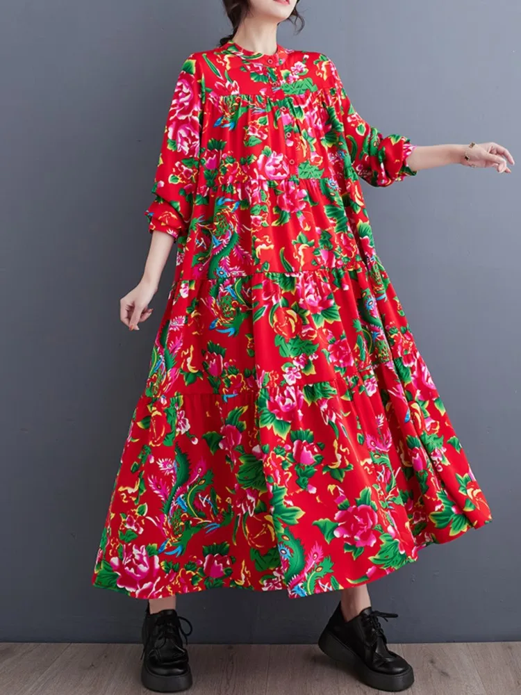 Oversized Spring Floral Flower Print Long Dress Women Casual Loose Fashion Long Sleeve Ladies Dresses Ruffle Pleated Woman Dress