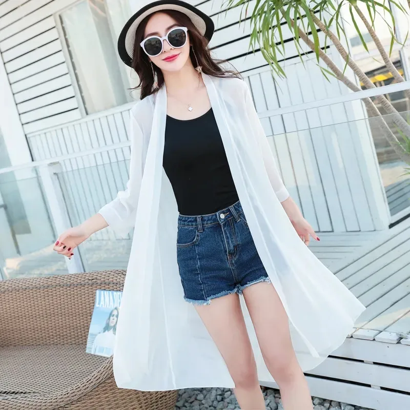 Women\'s Sun Protection Clothing Summer 2024 New Medium Long Wild Female Coat Thin Chiffon Ladies Jacket Beach Cardigan Top